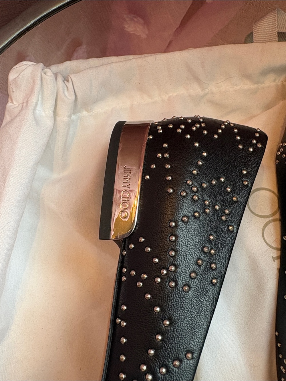 Authentic Jimmy Choo Black Leather Jessie Studded Flats - Picture 7 of 12